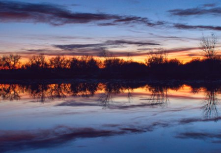 Sunset - sky, lake, trees, clouds, sunset