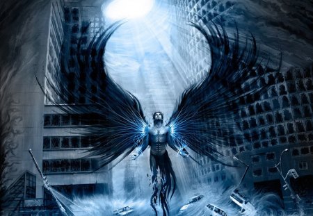 End of times - Storm, Wings, Buildings, Cars, Feathers, Dark, Water, Angel, Apocalypse