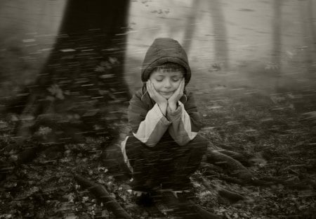 rainy day - wp, nature, rain, bw, forest, child, moods