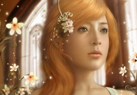 Flower Girl - woman, window, flowers, red hair, fantasy