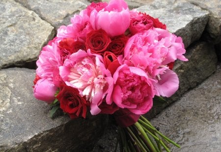 Beautiful Day♥ - forever, special, beautiful, red roses, lovely, love, bouquet, precious, flowers, nature, design, pink peonies, floral