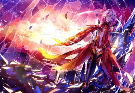 Inori - female, girl, long hair, pink hair, yuzuriha, guilty crown, inori yuzuriha, pink long hair, abstract background, inori, singing, orange outfit