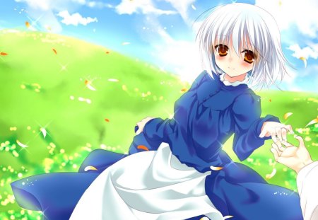 ~Take My Hand Sophie~ - pretty, howls moving castle, anime, blue dress, sophie, spring, grass, romance, love, holding hands, field