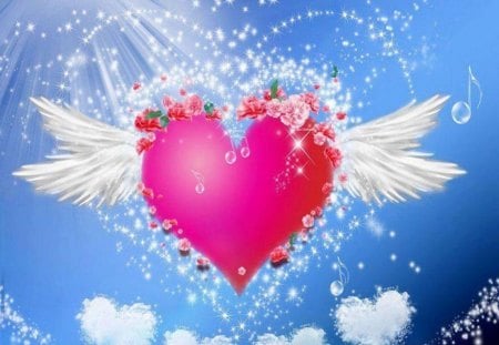 Pink Heart - music, white heart, glitter, lights, white wings, pink flowers, pink heart