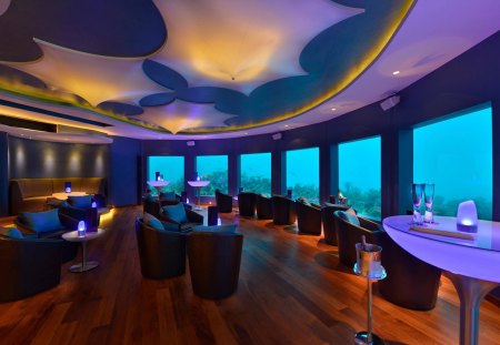 Subsix Underwater Nightclub in Niyama Maldives - club, lagoon, evening, island, holiday, atoll, dining, paradise, hotel, luxury, subsix, water, reef, Maldives, sea, resort, nightclub, ocean, drinking, coral, tropical, underwater, eating, fish