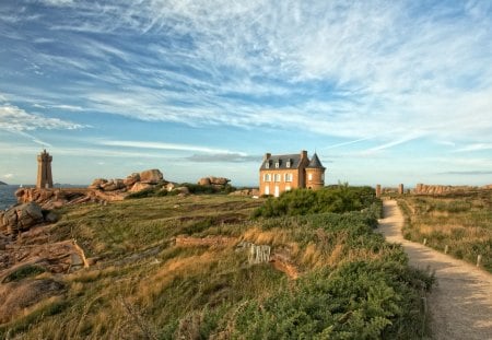 lonely house on the shor - house, fields, road, grass