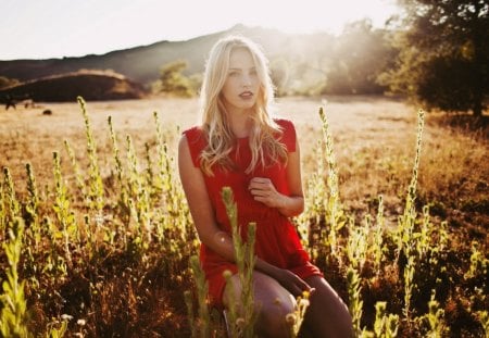 sexy girl red dress field - girls, sexy, models, grass