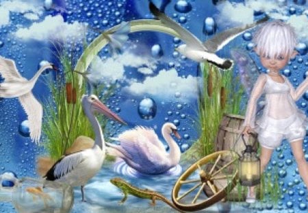 Water Fantasy - swan, sky, blue, clouds, water, fairy