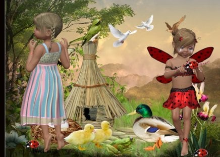 Little Girls - duck, girl, forest, fairy, field