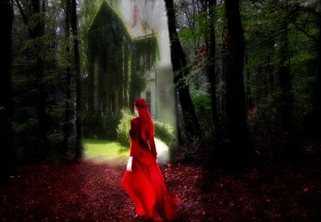 Dream Castle - lady, forest, red, castle, fantasy