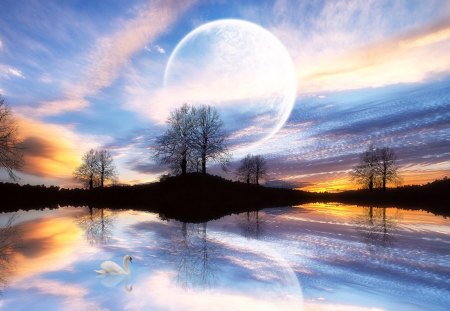 In your dreams - calm, moon, lake, reflection, clouds, tree