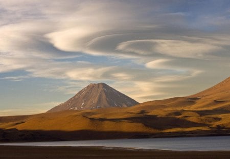 mountains - sand, mountains, volcano, river