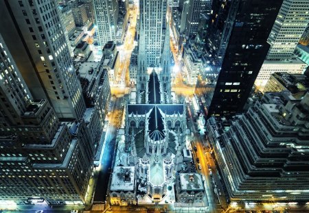 St Patricks Cathedral From The Sky - religious, night lights, lights, new york, manhattan, cathedral