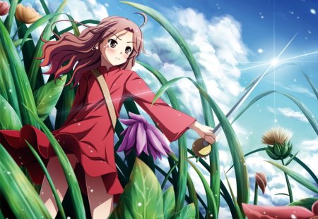 Arrietty - anime, kawaii, female, windy, grass, mini, light, long hair, weapon, sky, breeze, anime girl, tear, girl, sword, small, brown hair, flower, cry, blade, wind, cloud, cute, floral