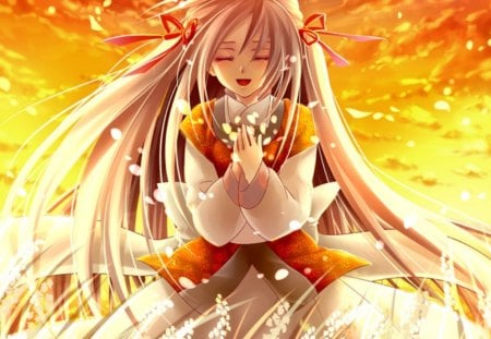 One Wish - anime, yellow, kawaii, female, light, long hair, joy, peace, happy, field, golden, breeze, anime girl, girl, gold, lovely, petals, harmony, wind, smile, cute