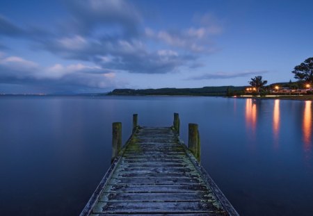 Blue - nature, sky, pier, clouds, blue, sunset, sea