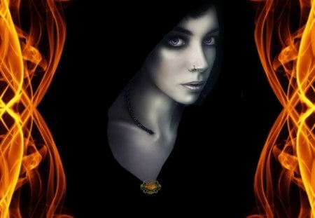 Woman - woman, brooch, black blackground, fire