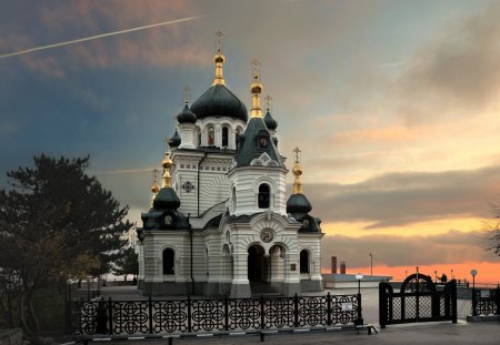 Sunset - sky, sunset, church, clouds