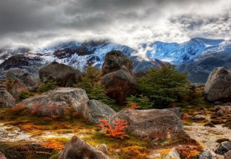 Beautiful Landscape - clouds, snow, landscape, gold, stones, nature, autumn, time, places, mountains, sky