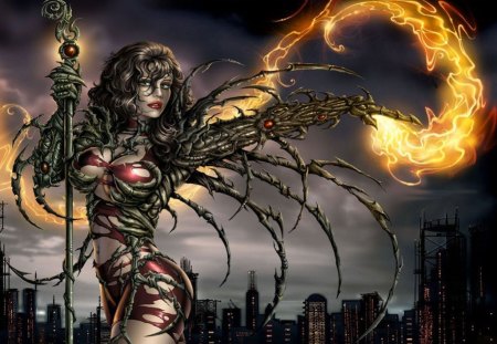 Witchblade - Buildings, Fire, Comics, Night, Wand, Magic, Witchblade, Powerful, Sara Pezzini