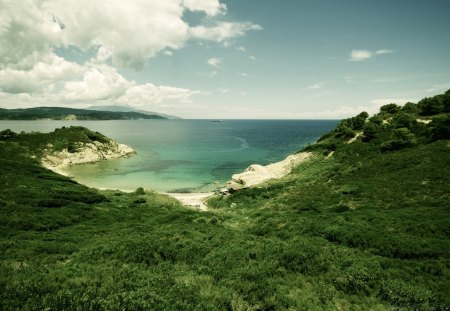 Seaside - seaside, sky, water, nature, oceans, clouds, beautiful, green, grass