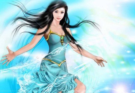 Blue princess - Water, Beautiful, Princess, Smile, Fantasy, Dress, Brunette, Blue