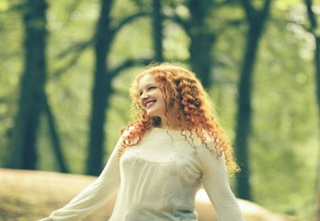 Beauty Smile - beauty, girl, hair, lovely, nature, face, forest, pretty, red, smile, sweetness, blonde