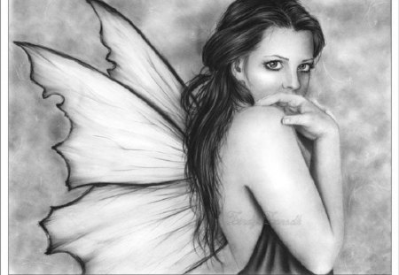 Shy fairy - butterfly, shy, wings, fairy, black and white, fantasy