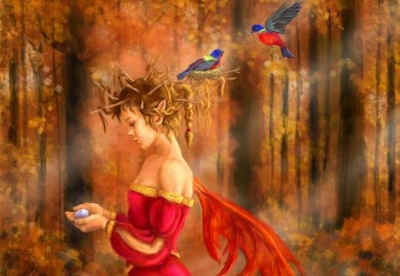 Forest Fairy - trees, fantasy, birds, nest, fairy, egg, forest