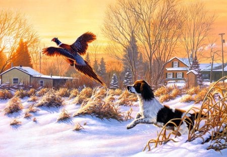 Art - bird, painting, Dog, snow, Art