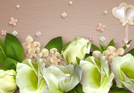 Very Special - scatter, light, simple, spring, hearts, bisque, fleurs, valentines day, green, flowers, beige