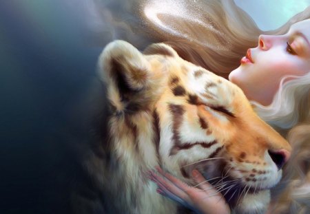 The beauty and her protector - magic, blonde, magical, SkyPhoenixX1, protector, abstract, beautiful, girl, beauty, tiger, cat, fantasy, picture, woman, adorable, magic spell, wallpaper