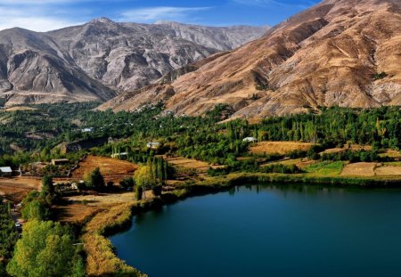 gorgeous village lake in iran - village, lake, trees, mountains