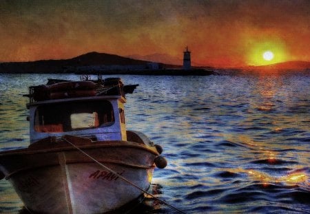 boat tied up in sunset - bay, lighthouse, sunset, boat