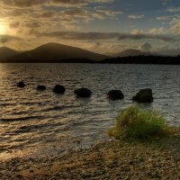 a row of stones in a lake at sunset