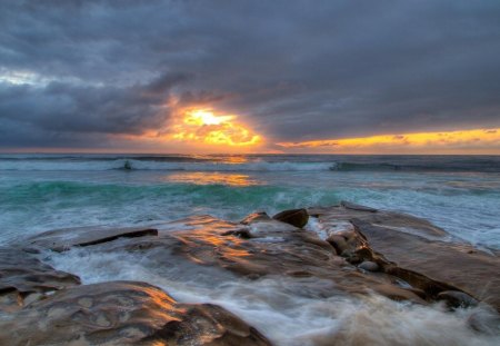 amazing coastal sunset - rocks, clouds, coast, sunset, sea