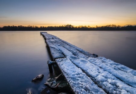 Sunset - clouds, winter, sunset, lake, sky, pier