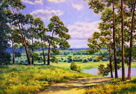 Sunny day - pretty, calm, summer, creek, stream, spring, forest, path, shore, riverbank, nice, sky, trees, water, beautiful, lovely, river, nature, painting