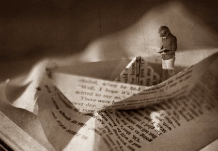 * - wp, book, manipulation, boat, sepia, creative, boy, fantasy, imaginary, bw, paper, art