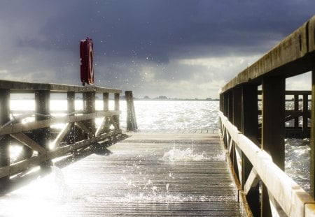 sea splashing through a wooden pier hdr - wood, pier, clouds, hdr, sea