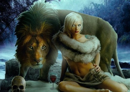 The Girl and the Beast - girl, lion, beast, fantasy