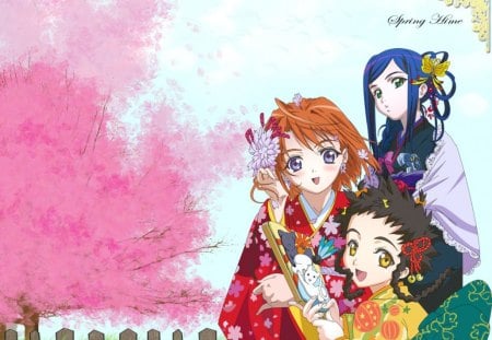 The Spring Festival - my hime, trees, mikoto minagi, pink, sping, beautiful, colorful outfits, anime, friends, mai tokiha, natsuki kuga