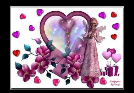 Pink Valentine 1600x1200 - hearts, holidays, valentinesday, fairies, valentine, fairy, flowers