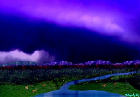 Storm Approaching - horses, water, storms, mountains, rivers