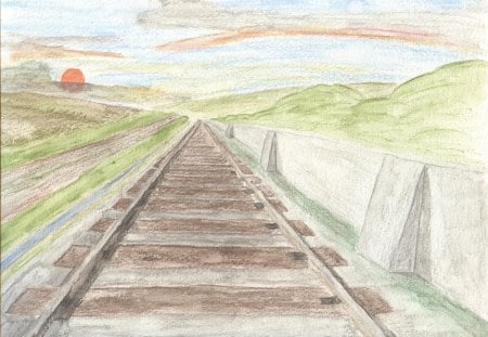 Rails - fields, sky, rails, allone, sun, watercolor, silent, paint, still, quiet, alone, far, lonely, clouds, wall, painted