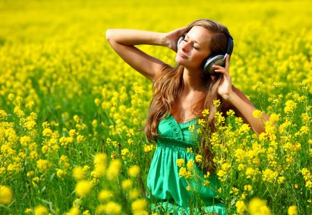 music girl - girls, music, flower, fields