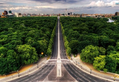 highway to the city - city, forest, road, green