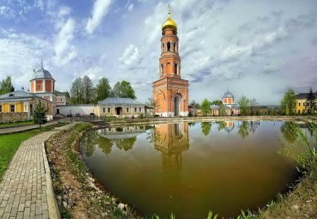 bell tower in a monastery - monastery, pond, bell tower, clouds