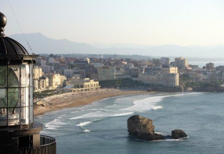 lighthouse overlooking biarritz france - city, beach, lighthouse, waves