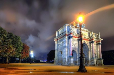 beautiful arch in a paris park after rain - lights, rain, arch, night, park